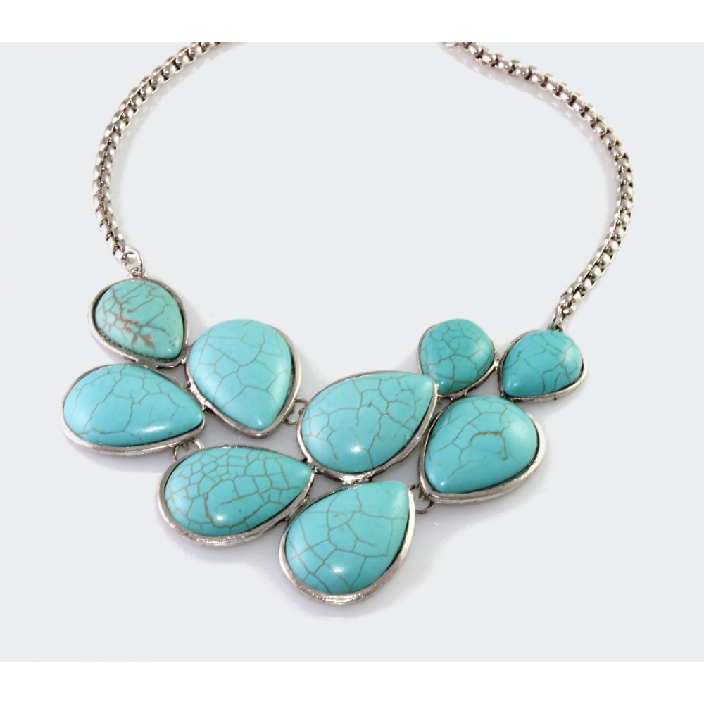 Turquoise Teardrop Stone Tibetan Silver Statement Bib Necklace